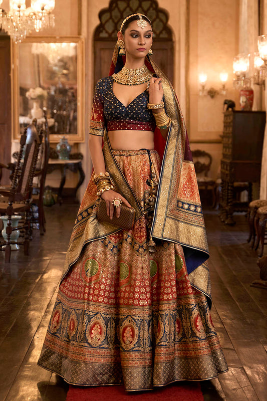 Orange & Blue Shade Bridal Lahenga Choli with Heavy Dupatta and Blue Pretty Blouse
