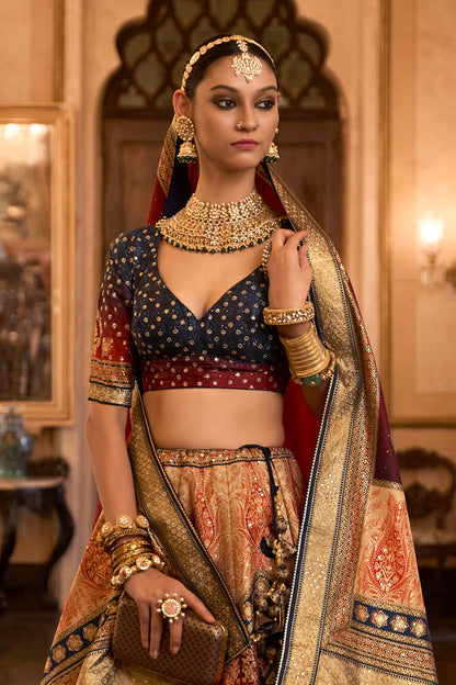 Orange & Blue Shade Bridal Lahenga Choli with Heavy Dupatta and Blue Pretty Blouse