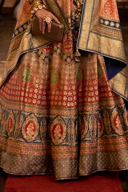 Orange & Blue Shade Bridal Lahenga Choli with Heavy Dupatta and Blue Pretty Blouse