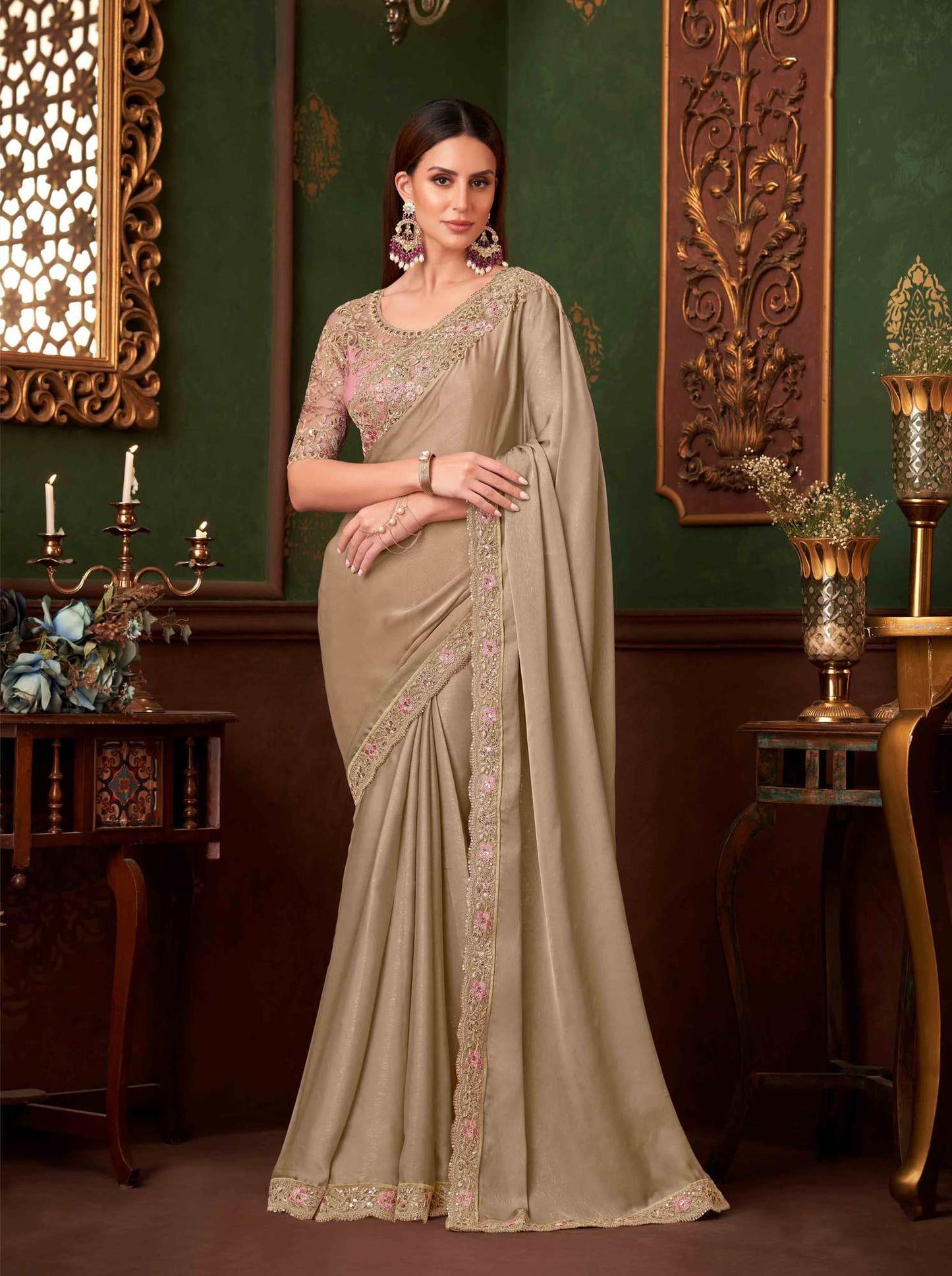 Ecru Heavy Embroidery Border Party Wear Saree with Designer Blouse