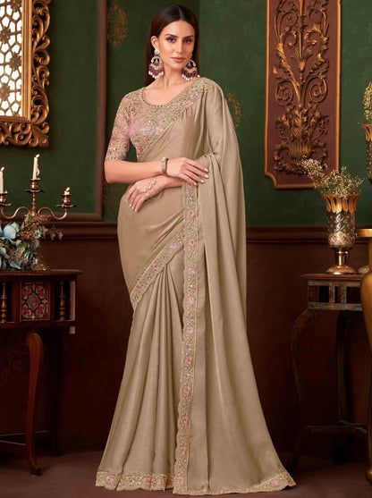 Ecru Heavy Embroidery Border Party Wear Saree with Designer Blouse