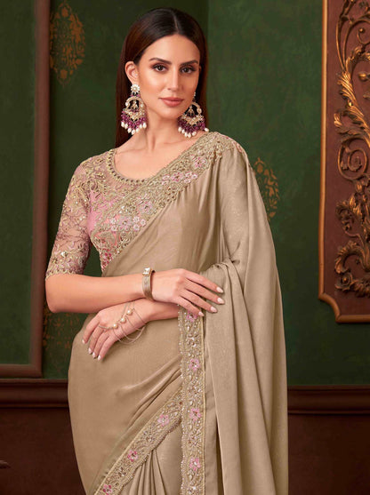 Ecru Heavy Embroidery Border Party Wear Saree with Designer Blouse