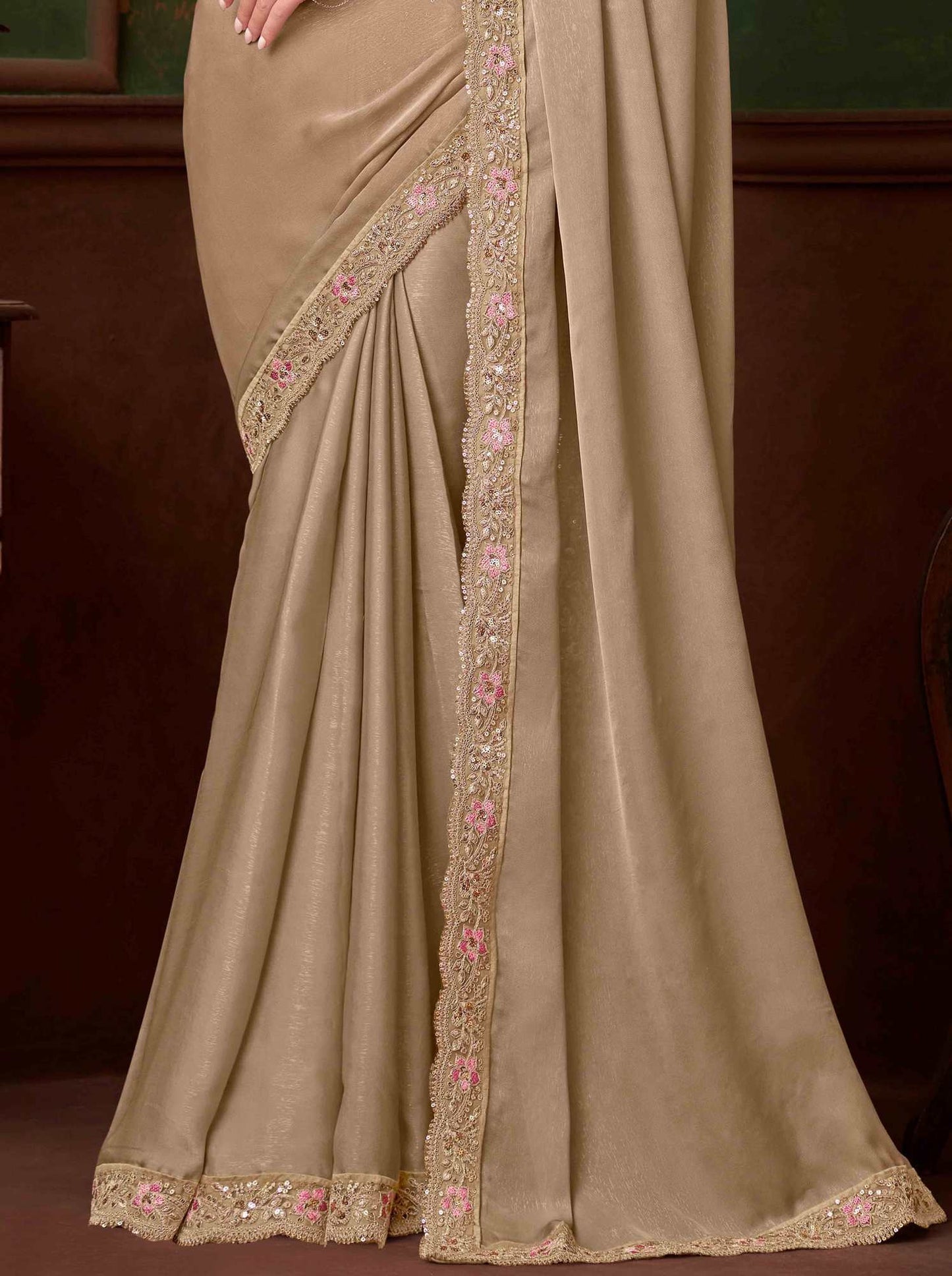 Ecru Heavy Embroidery Border Party Wear Saree with Designer Blouse