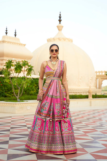 Hot Pink & Blue Design Heavy Lahenga Choli For Women with Sleeve Less Blouse