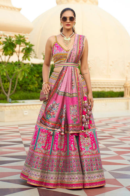 Hot Pink & Blue Design Heavy Lahenga Choli For Women with Sleeve Less Blouse