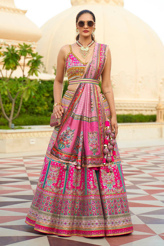 Hot Pink & Blue Design Heavy Lahenga Choli For Women with Sleeve Less Blouse