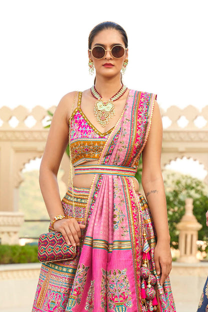 Hot Pink & Blue Design Heavy Lahenga Choli For Women with Sleeve Less Blouse