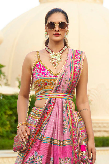 Hot Pink & Blue Design Heavy Lahenga Choli For Women with Sleeve Less Blouse