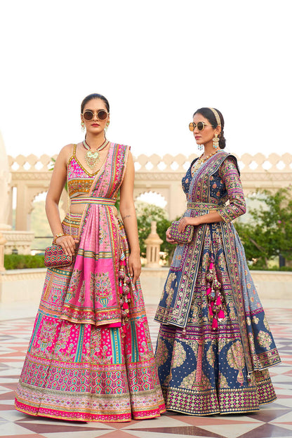Hot Pink & Blue Design Heavy Lahenga Choli For Women with Sleeve Less Blouse