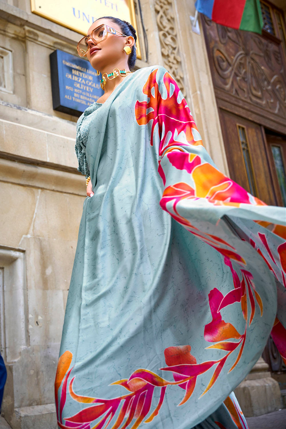 Sky Blue & Floral Design Digital Printed Saree with Same Colored Blouse