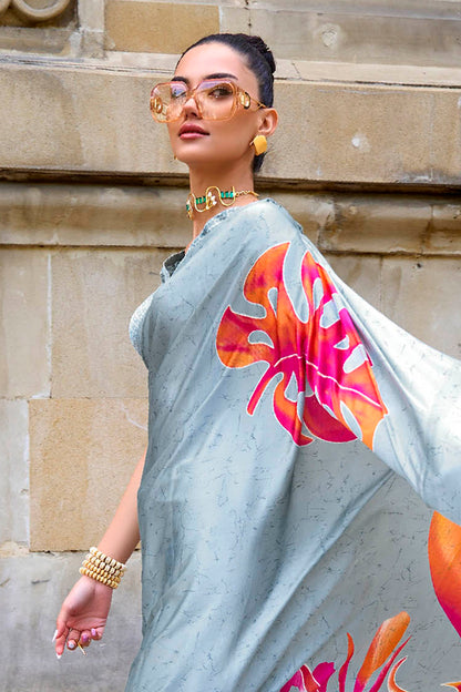 Sky Blue & Floral Design Digital Printed Saree with Same Colored Blouse
