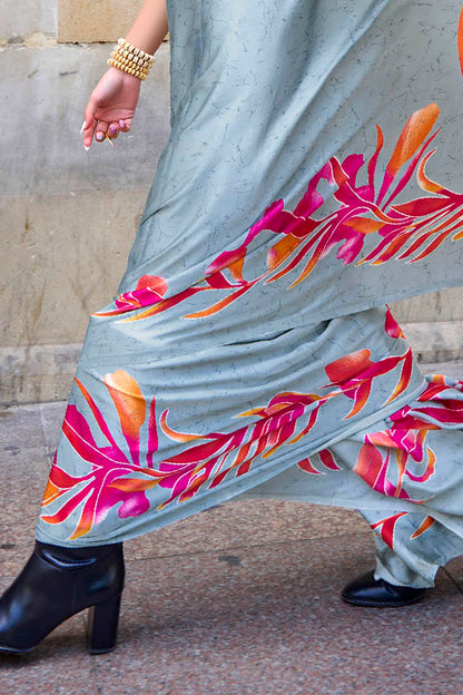 Sky Blue & Floral Design Digital Printed Saree with Same Colored Blouse