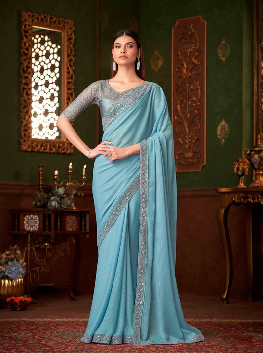 Baby Blue Embroidered Border Party Wear Saree with Steel Green Blouse