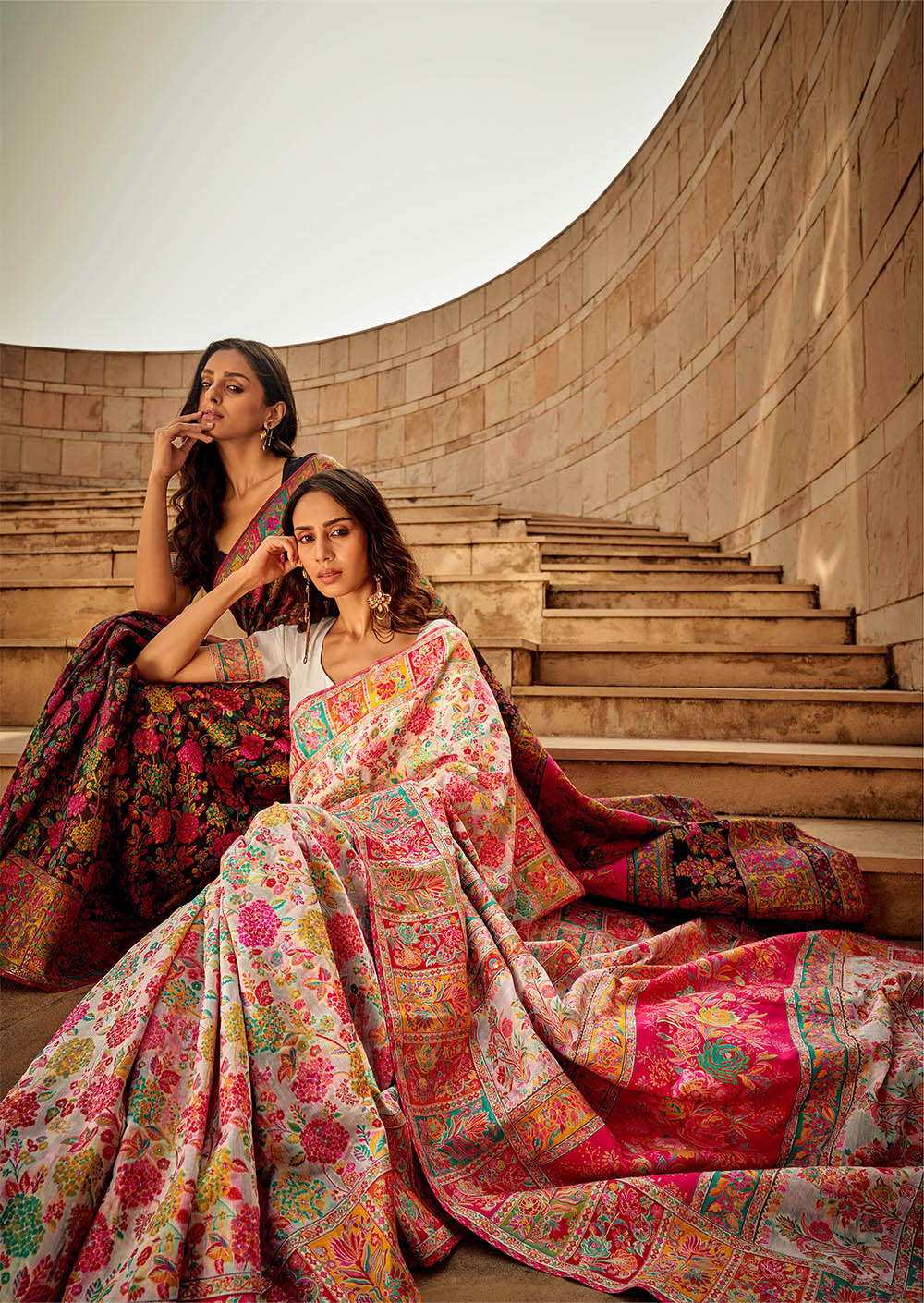 White Floral Kashmiri Silk Saree with White Designer Blouse