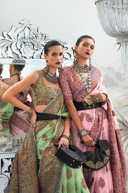 Baby Pink & Multi-colored Border Kashmiri Saree with Fancy Blouse