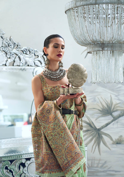 Mint Green & Floral Design Kashmiri Kani Saree with Beautiful Designer Blouse