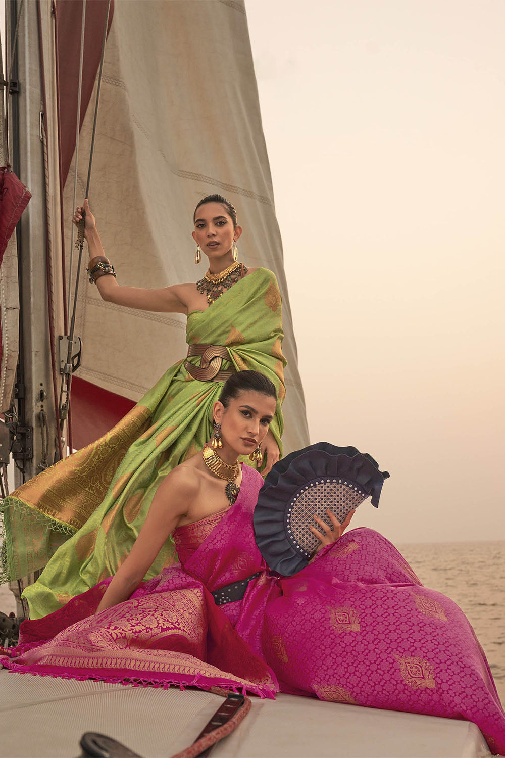 Rose Pink & Golden Butti Satin Saree with Pink Pretty Sleeve Less Blouse