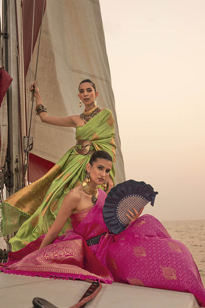 Rose Pink & Golden Butti Satin Saree with Pink Pretty Sleeve Less Blouse