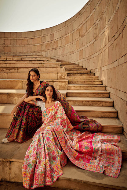 White Floral Kashmiri Silk Saree with White Designer Blouse
