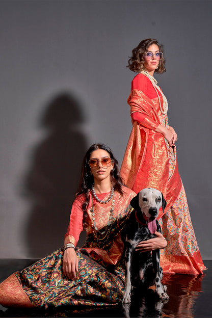 Black & Multi-coloredn Red Border Kashmiri Saree with Designer Blouse