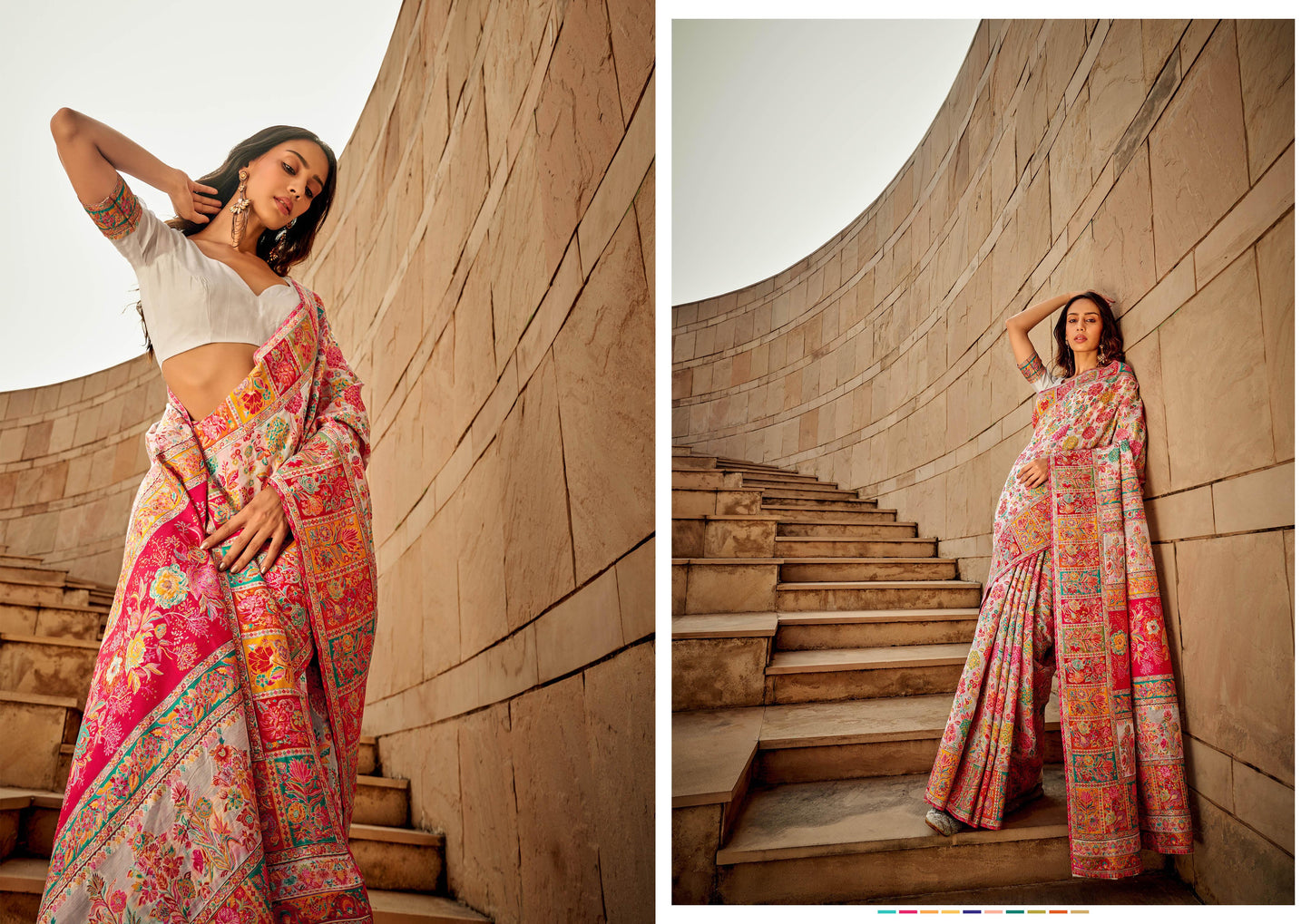 White Floral Kashmiri Silk Saree with White Designer Blouse