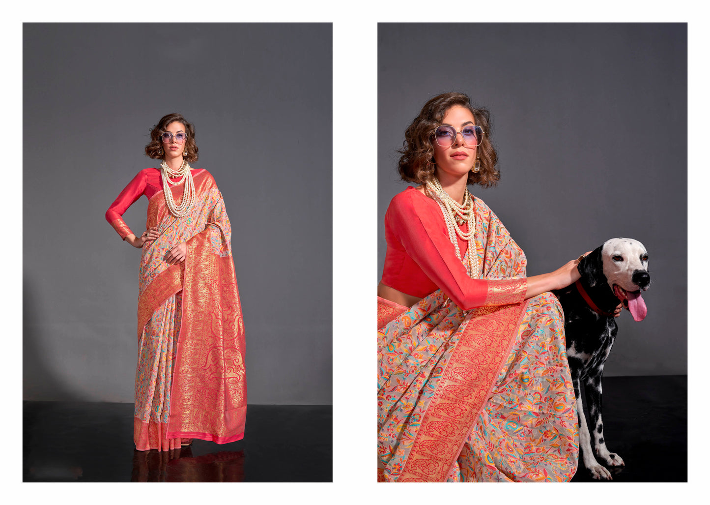 Lemonade Pink & Pink Border Kashmiri Saree with Ruby Pink Blouse
