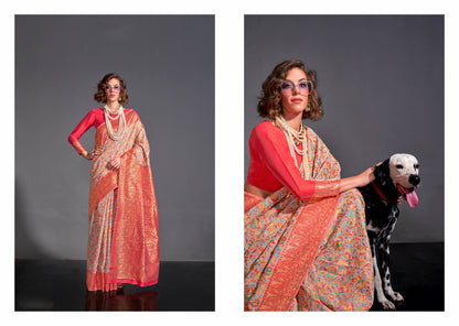 Lemonade Pink & Pink Border Kashmiri Saree with Ruby Pink Blouse