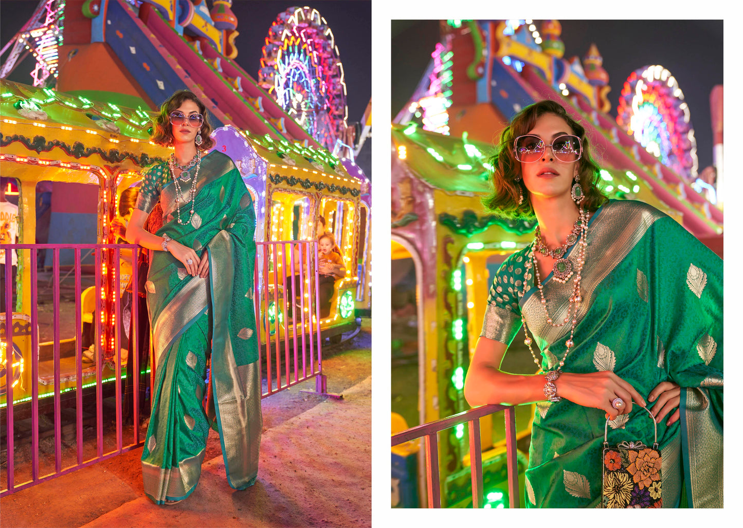 Jade Green & Golden Banarasi Silk Saree with Same Colored Blouse