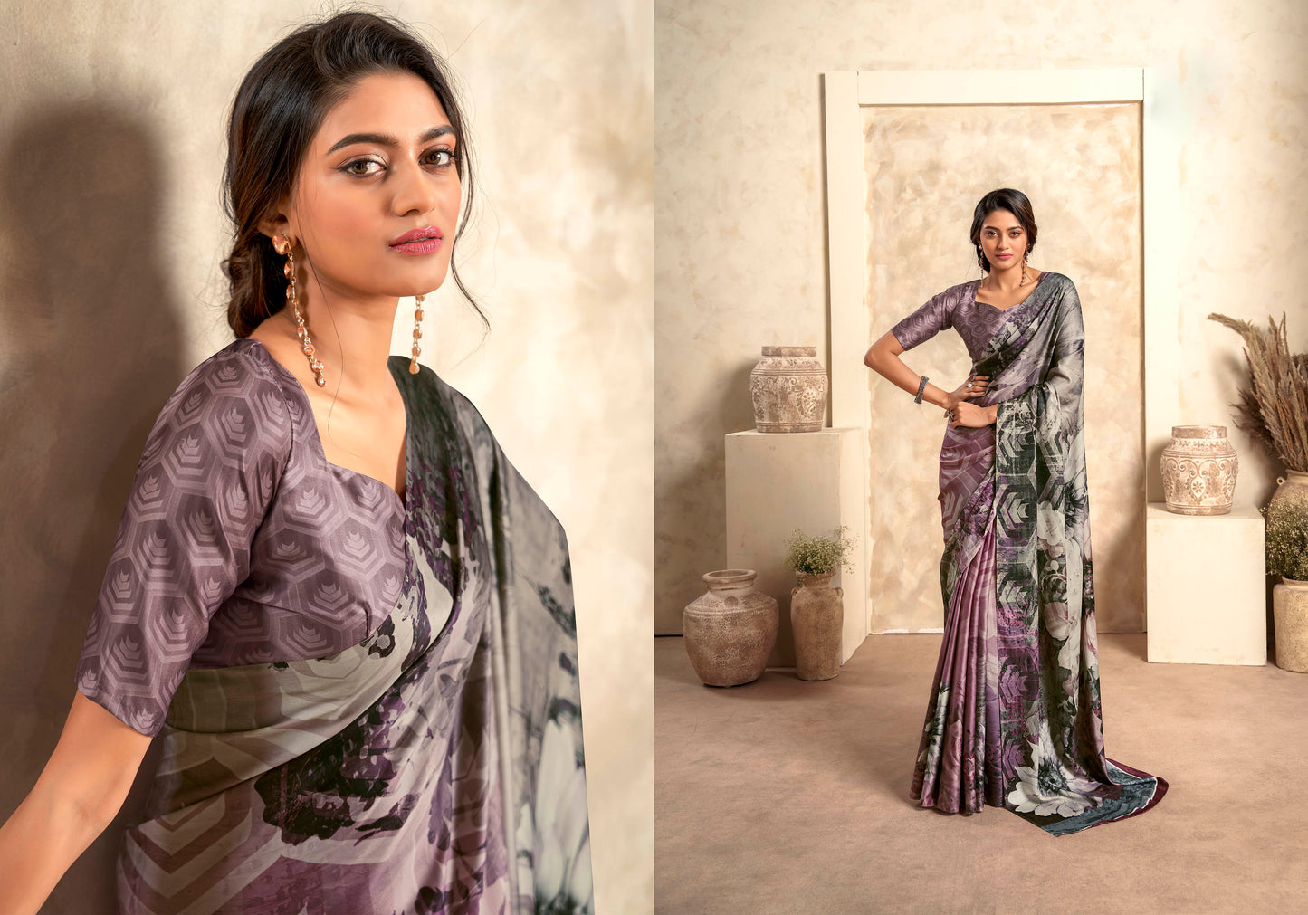 Plum Purple & Multicolored Printed Saree with Same Colored Designer Blouse