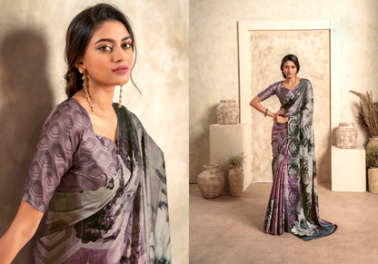 Plum Purple & Multicolored Printed Saree with Same Colored Designer Blouse