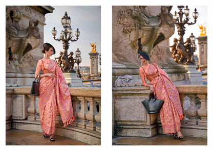 Coral Pink Floral Design Kashmiri Silk Saree with Fancy Blouse