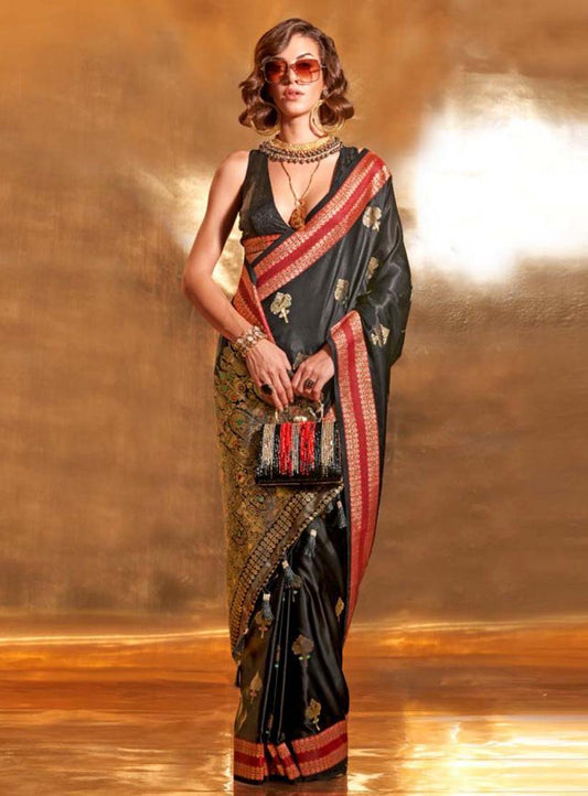 Black & Golden Banarasi Silk Saree with Contrast Black Designer Blouse