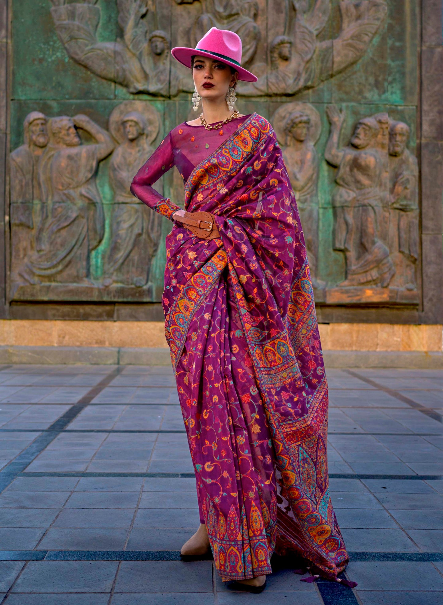 Raspberry Red Kashmiri Kani Silk Saree with Designer Blouse