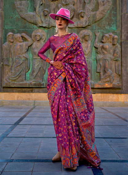 Raspberry Red Kashmiri Kani Silk Saree with Designer Blouse