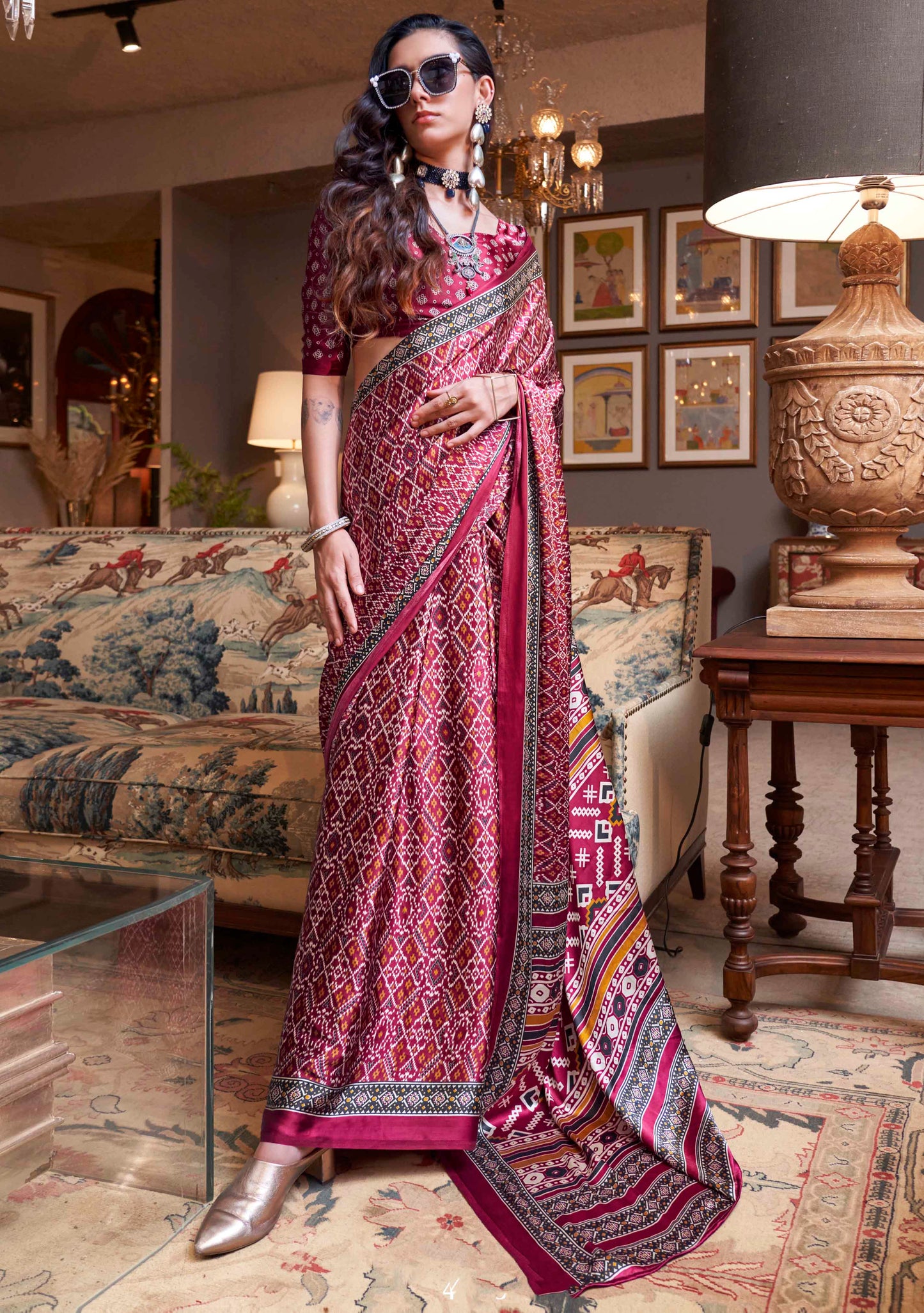 Cerise Pink & Multi-Colored Printed Saree with Same Colored Blouse