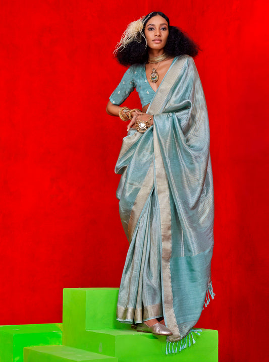 Steel Blue Tissue Style Kanjeevaram Silk Saree with Beautiful Blue Blouse
