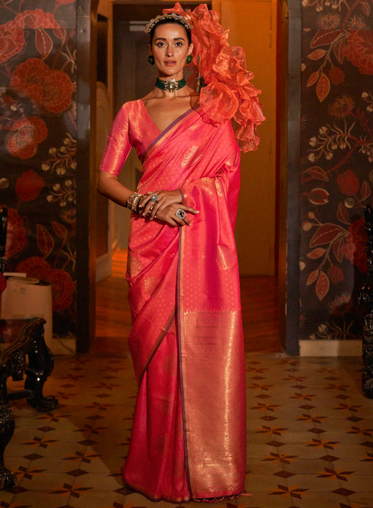 Ferrari Red Banarasi Silk Saree with Same Colored Designer Blouse