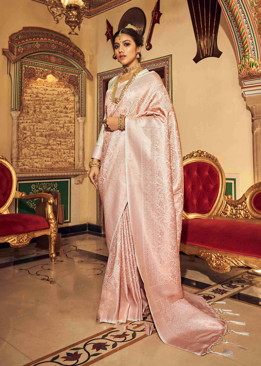 White & Golden Border Kanjeevaram Silk Saree with Same Colored Fancy Blouse