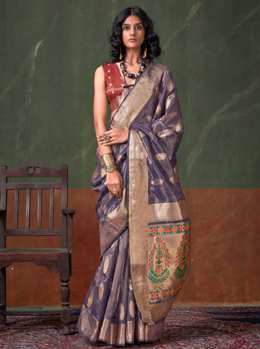 Mauve Purple Paithani Style Border Tissue Silk Saree with Hibiscus Pretty Blouse