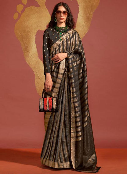 Black & Golden Border Designer Saree with Contrast Blouse