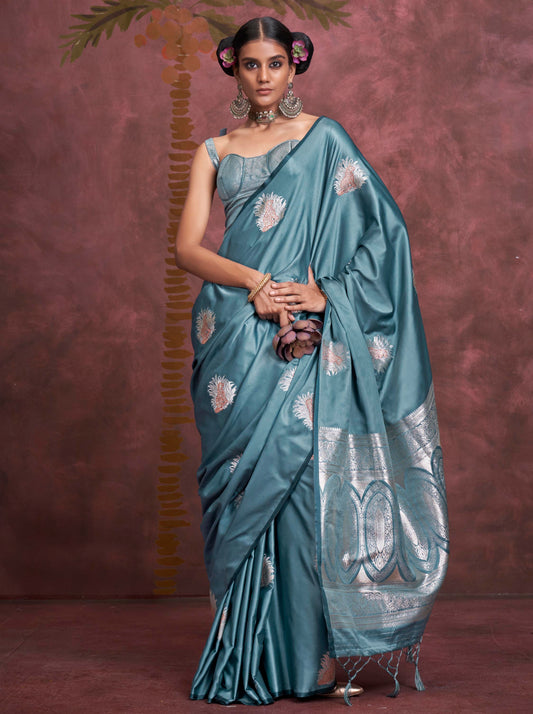 Air Force Blue Banarasi Silk Saree with Designer Same Colored Blouse