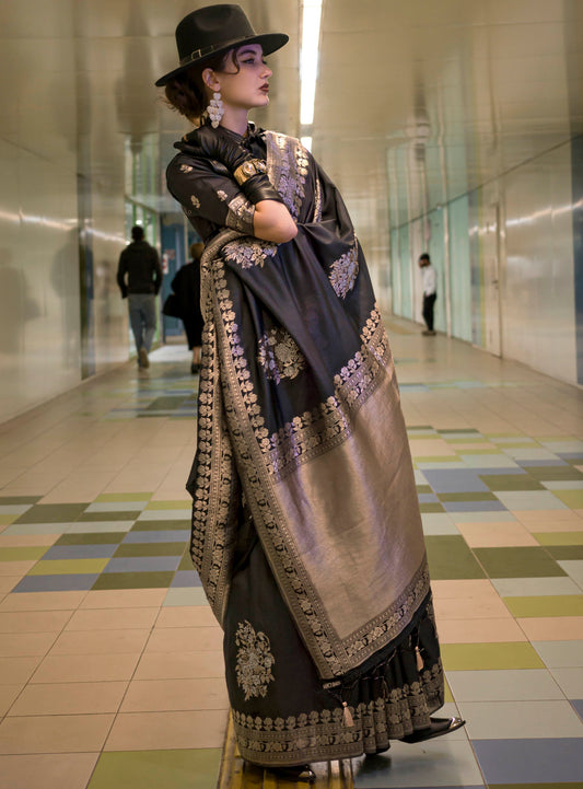 Black & Golden Border Banarasi Silk Saree with Fancy Designer Blouse
