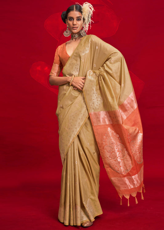 Tortilla Brown Tussar Silk Saree with Tangerine Pretty Blouse