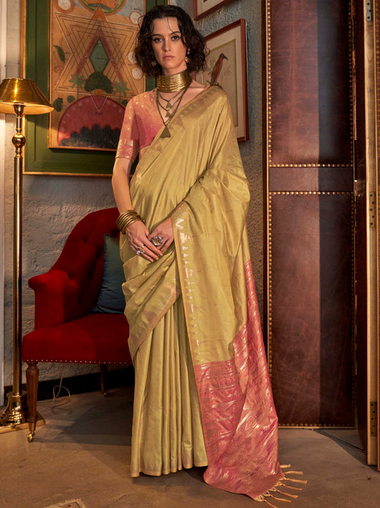 Sepia Yellow & Pink Border Tussar Silk Saree with Brick Pink Designer Blouse