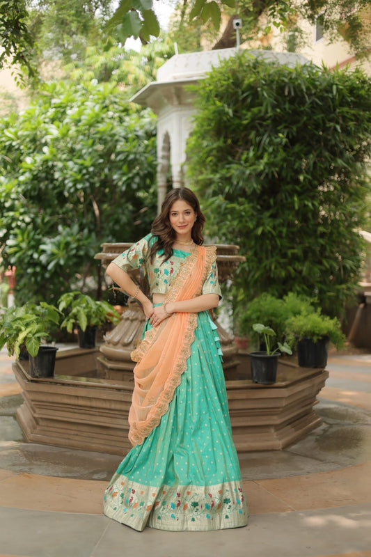 Powder Blue Designer Paithani Style Lehengas with Matching Paithani Blouse