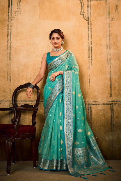 Turquoise Blue & Golden Border Banarasi Silk Saree with Same Colored Fancy Blouse