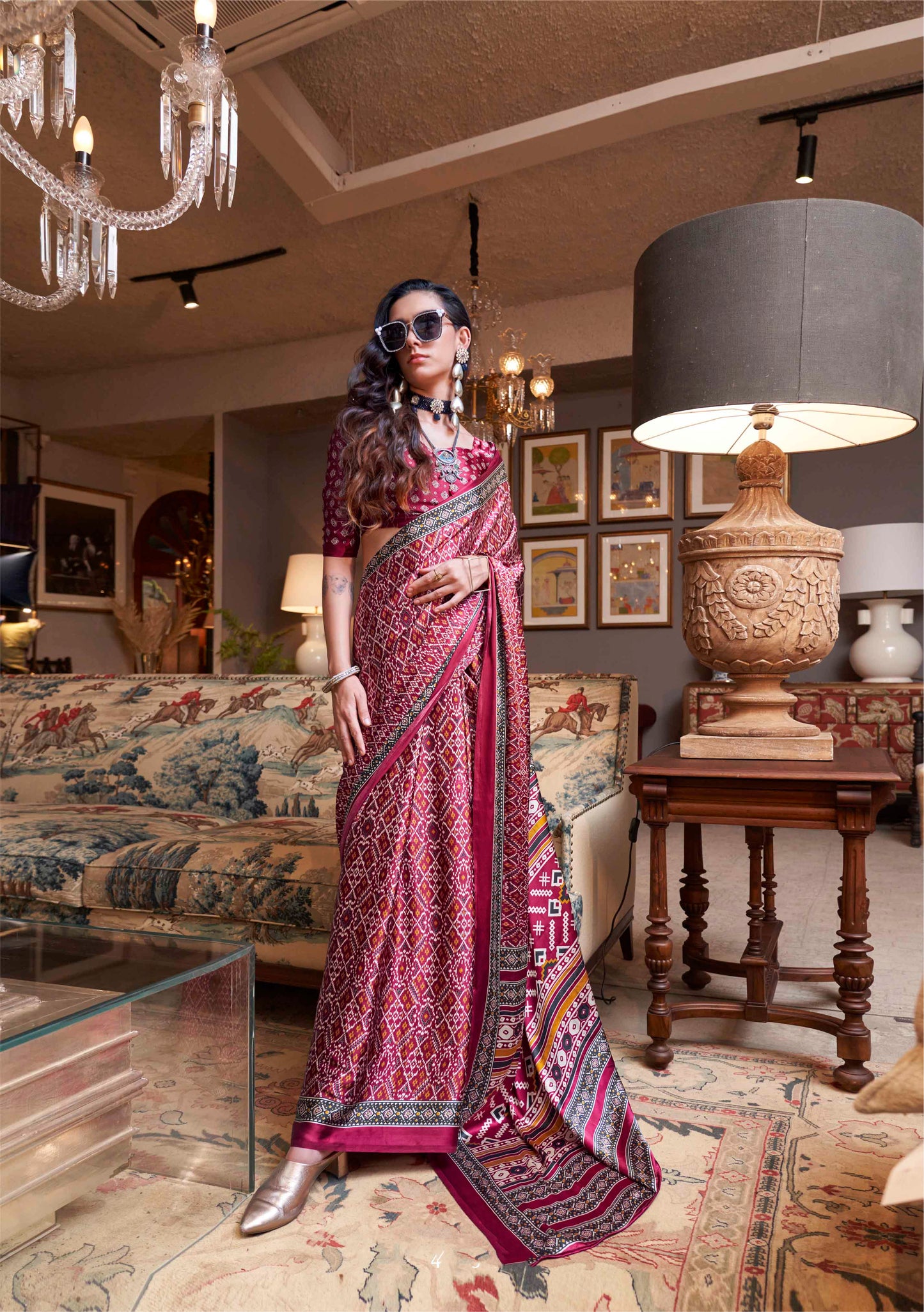 Cerise Pink & Multi-Colored Printed Saree with Same Colored Blouse