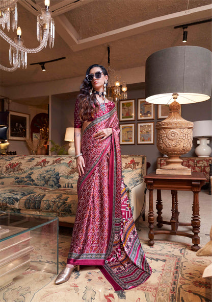 Cerise Pink & Multi-Colored Printed Saree with Same Colored Blouse