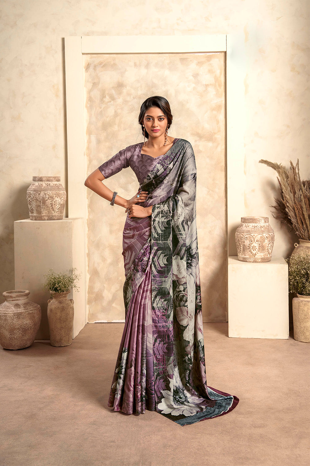 Plum Purple & Multicolored Printed Saree with Same Colored Designer Blouse