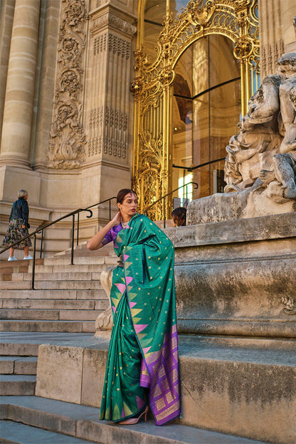 Jungle Green & Grape Purple Banarasi Silk Saree with Purple Pretty Blouse